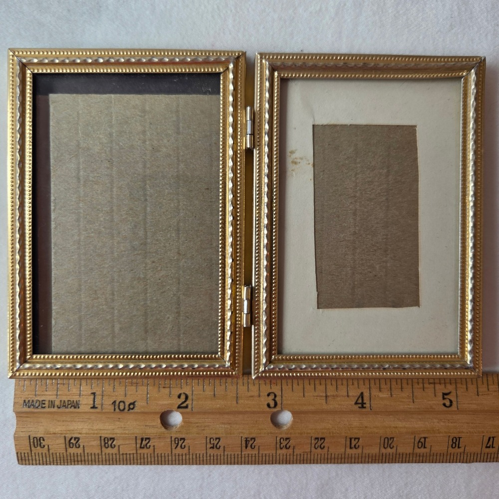 Vtg Gold Metal Folding Double Picture Frame Made in Japan Ornate Filigree 3x2